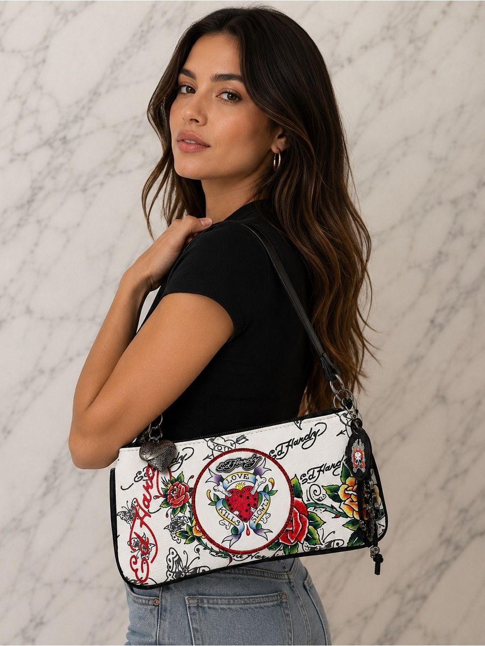 Ed Hardy Love Kills Slowly White Tattoo Shoulder Bag Y2K Baguette Purse 11X5in - Picture 8 of 8